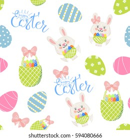Easter seamless pattern design with bunnies,rabbits,lettering and eggs.Stock vector