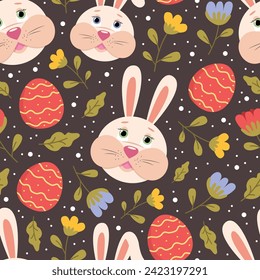 Easter seamless pattern design with cute bunny, colourful eggs and flowers on dark background. Vector seamless textile design for Easter holiday, wrapping paper, gifts art