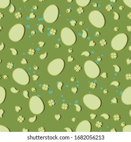 Easter seamless pattern with design elements egg, flowers, heart, on a green background. Stock vector illustration.
