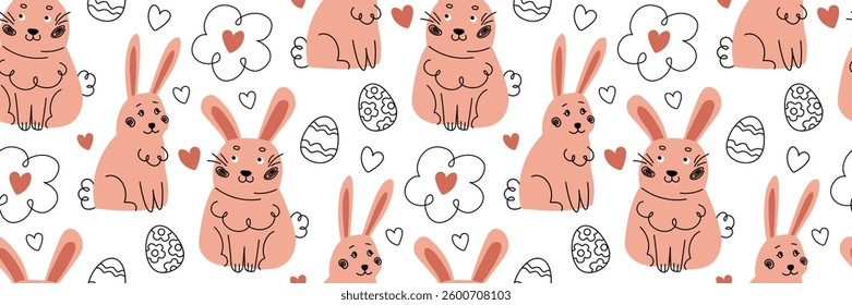 Easter seamless pattern with doodle funny rabbit. Hand drawn trendy linear eggs and cute character. Spring baby background. For wrapping paper, textiles, children room decor. Vector Flat illustration.