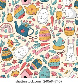 Patrón de Semana Santa sin fisuras con doodles para impresiones en vivero, papel tapizado, fondos, papel de embalaje, etc. EPS 10