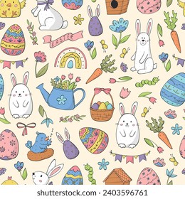Easter seamless pattern with doodles for wallpaper, wrapping paper, backgrounds, textile prints, nursery decor, etc. EPS 10