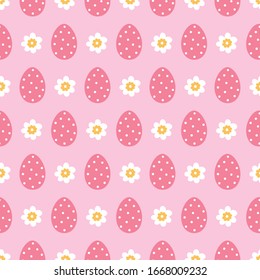 Easter seamless pattern with dotted eggs, flowers on pink background. Perfect for holiday wallpaper, gift paper, spring greeting cards. Vector illustration