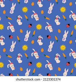 Easter seamless pattern. Drawn Easter bunnies with eggs and carrots. Design for fabric, textile, packaging.	
