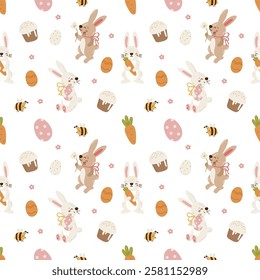 Easter seamless pattern, egg, bunny, cake, chicken, plants vector