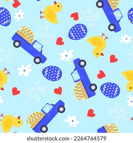 Easter seamless pattern. Egg in car, chick, egg. Vector illustration. 