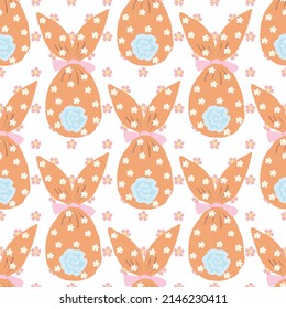 Easter seamless pattern, egg with ears, gift bunny, chamomile flowers, gentle baby colors, pink blue, beige. Vector illustration suitable for fabric, paper and other design