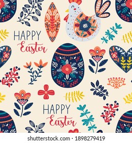 Easter seamless pattern with egg, floral elements, chicken and happy easter text. Hand drawn Scandinavian style vector illustration perfect for textile, fabric or wrapping paper.