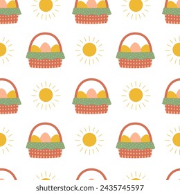 Easter seamless pattern with eggs in a basket and sun. Isolated vector pattern for packaging, cards, background, textile