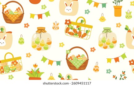 Easter seamless pattern, eggs, basket, rabbit, bunnies colorful flower, carrot pastel color, cute baby colors, vector illustration orange, green, creative, banner, background