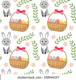 Easter seamless pattern with eggs basket and rabbit. Endless Spring background, texture, digital paper. Vector illustration