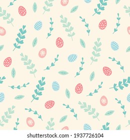 Easter seamless pattern with eggs, branches, leaves on beige background. Scandinavian style. Perfect for holiday invitations, spring greeting cards, wallpaper and gift paper