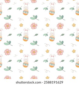 Easter seamless pattern with eggs, bunnies and green leaves in pastel color