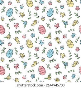 Easter seamless pattern with eggs, butterflies and flowers. For spring design, greeting cards, posters, invitations, fabrics, scrapbooking, gift wrap, wallpapers. Vector easter background