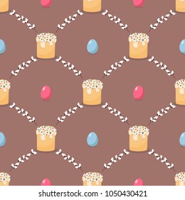 Easter seamless pattern with eggs and cake. Vector illustration. Festive cute flat background.