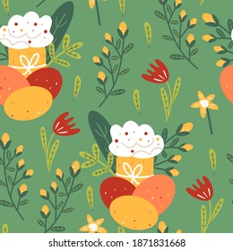 Easter seamless pattern with eggs and Easter cake on a green background. Modern design for wrapping paper, covers, cards, fabrics and other users. Cartoon vector illustration.