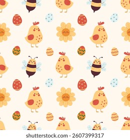 Easter seamless pattern with easter eggs, chick, cute flower and bee. Spring Easter pattern in simple flat style for wrapping paper, textile, wallpaper