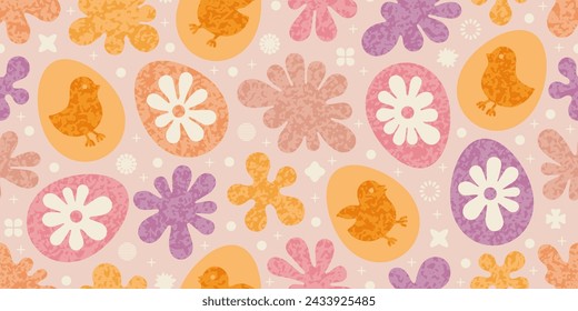 Easter seamless pattern with eggs, chickens, flowers in y2k style. Spring background in pink pastel colors with symbols of Easter. Abstract seamless pattern with cute chickens, vector illustration