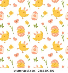 Easter seamless pattern with eggs, chickens and flowers. Flat vector illustration