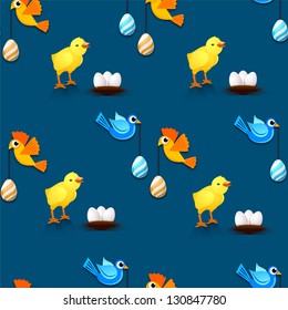 Easter seamless pattern with eggs, chicks and birds.