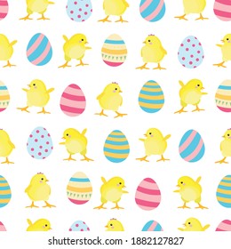 
easter seamless pattern with eggs and chicks. farm chickens and eggs. Easter celebration. seamless pattern for printing onto fabric and paper. stock vector illustration.