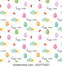 Easter seamless pattern with eggs, clouds, sun, butterfly. 
