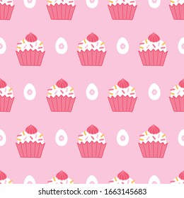 Easter seamless pattern with eggs and cupcakes on pink background. Perfect for holiday wallpaper, gift paper, spring greeting cards. Vector illustration