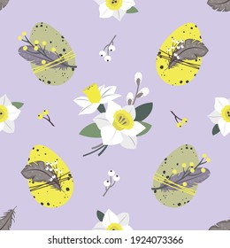 Easter seamless pattern: eggs, daffodil, twigs, willow. Vector, pastel colors. Eco-friendly decorations.
