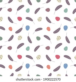  Easter seamless pattern with eggs and feathers. Festive Easter background. Design for Easter, textile, paper, printing