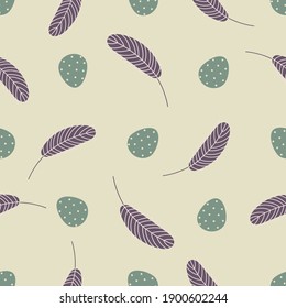  Easter seamless pattern with eggs and feathers. Festive Easter background. Design for Easter, textile, paper, printing