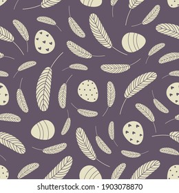  Easter seamless pattern with eggs and feathers. Festive Easter background. Design for Easter, textile, paper, printing