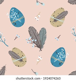 Easter seamless pattern: eggs, feathers, twigs, willow. Vector, pastel colors. Eco-friendly decorations.