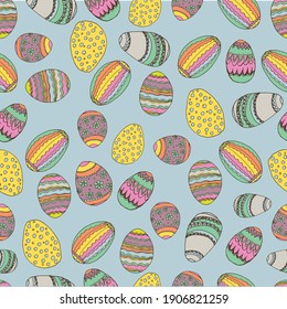 Easter seamless pattern with easter eggs, flowers, branches. Holiday vector illustration.