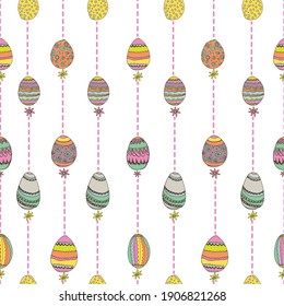 Easter seamless pattern with easter eggs, flowers, branches. Holiday vector illustration.