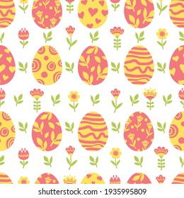 Easter seamless pattern with eggs,   flowers. 