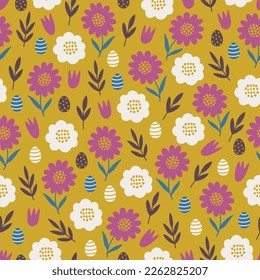 Easter seamless pattern with eggs, flowers, leaves on yellow background. Perfect for greeting card, holiday decoration, wallpaper, wrapping paper, fabric. Vector illustration