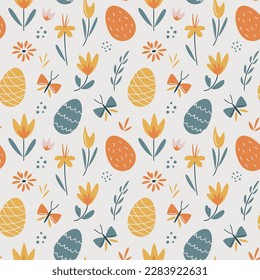 Easter seamless pattern with easter eggs, flowers and butterfly. My First Easter. Perfect for textile, wallpaper or print design.