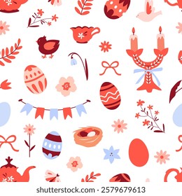 Easter seamless pattern with eggs, flowers, candles, holiday flags, teapot, nest. Suitable for wrappers, backgrounds, wallpapers, textiles