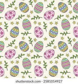 Easter seamless pattern with eggs and flowers.