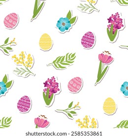 Easter seamless pattern with eggs and flowers. Floral background with pink, blue, yellow and green colors on white. Festive elements with cut out shapes. Vector design for textile, wallpaper, cover.