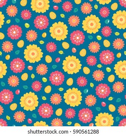 Easter seamless pattern with eggs and flowers on blue background. Perfect for wallpaper, wrapping paper, greeting cards, textile, spring decorations