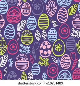 Easter seamless pattern with eggs, flowers, twigs, leaves and baskets filled with eggs.