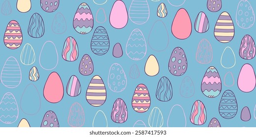 Easter seamless pattern with eggs. Good for fabric, background, postcards, scrapbooking. Cute outline easter elements 