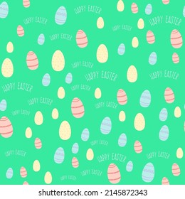 Easter Seamless Pattern With Eggs And Happy Easter Wishes. Texture With Yellow, Pink And Blue Eggs On A Green Background. Illustration For Textiles, Wrapping Paper, Package