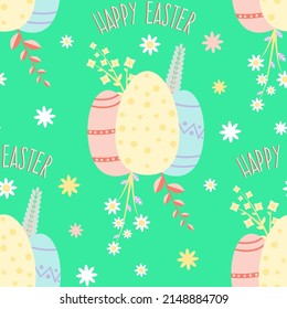 Easter Seamless Pattern With Eggs And Happy Easter Wishes. Texture With Yellow, Pink And Blue Eggs On A Green Background. Illustration For Textiles, Wrapping Paper, Package