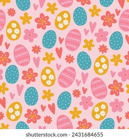 Easter seamless pattern with eggs, hearts, flowers on pink background. Perfect for spring and summer greetings, wallpaper, wrapping paper, fabric. Vector illustration