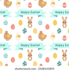 Easter seamless pattern with Easter eggs, Hen and chicken, rabbit. Suitable for Easter textiles, wallpaper. Vector illustration.