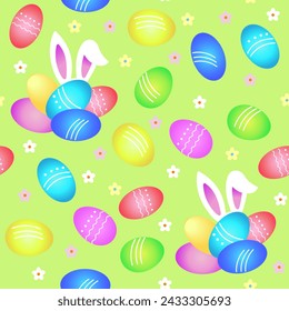 Easter seamless pattern with eggs and hiding bunny.