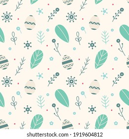 Easter seamless pattern with Easter eggs, leaves, branches and small details in mint color scheme on a light background. Suitable for Easter cards, wrapping paper, fabric  and others