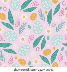 Easter seamless pattern with eggs, leaves, flowers, daffodil on light pink background. Perfect for spring and summer greetings, wallpaper, wrapping paper, fabric. Vector illustration